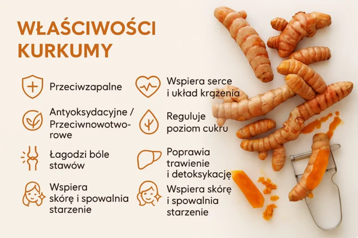 Kurkuma działa przeciwbólowo, przeciwzapalnie, obniża poziom cukru we krwi i pomaga oczyścić organizm